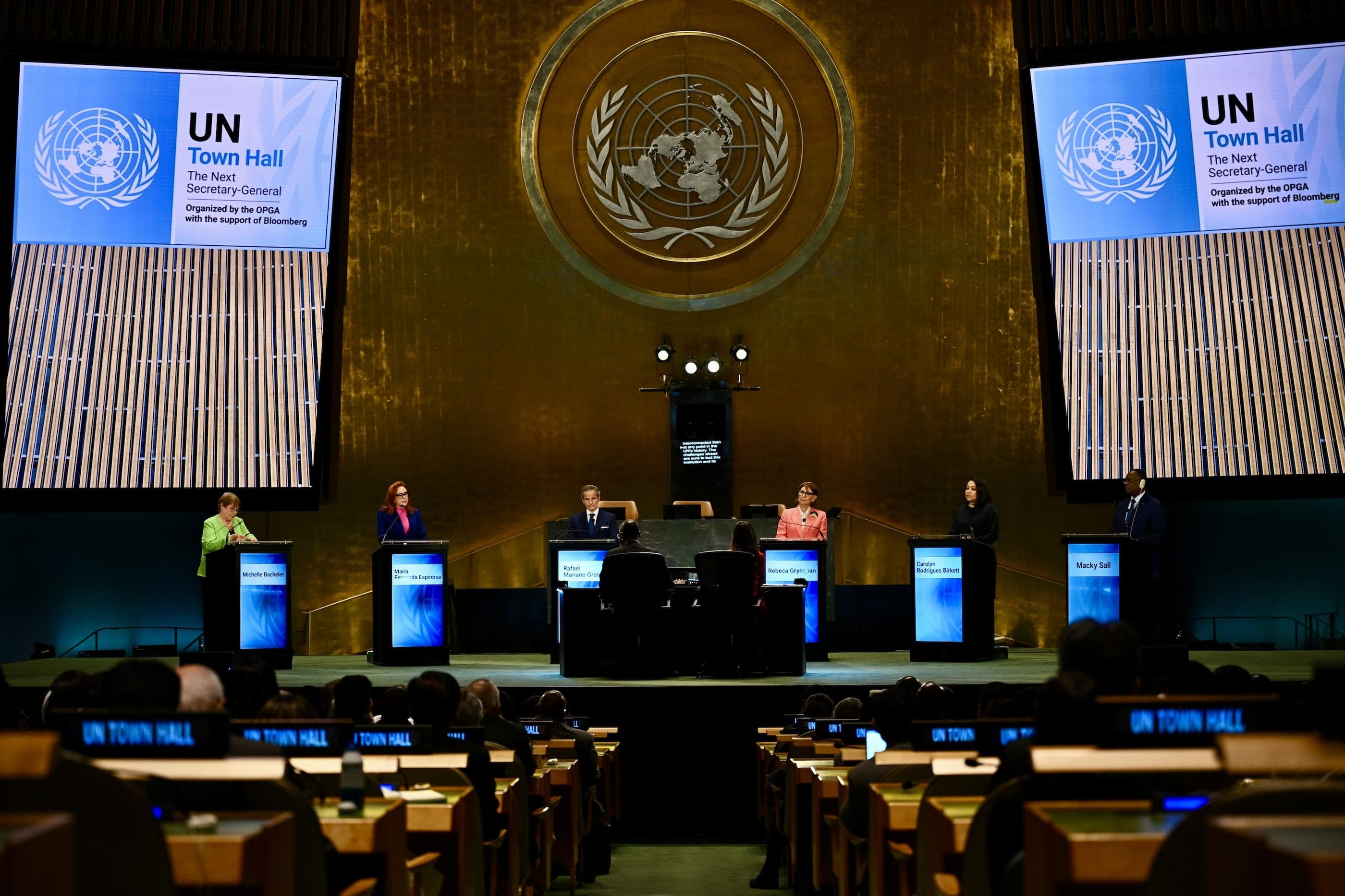The United Nations General Assembly Hall during a public event on the Secretary-General selection process.